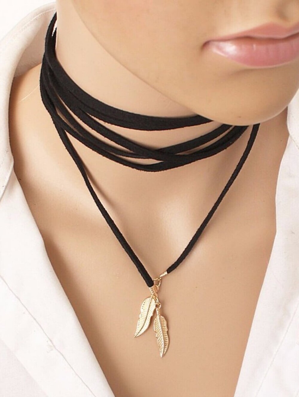 Black Choker Necklace with Gold Feather Charms